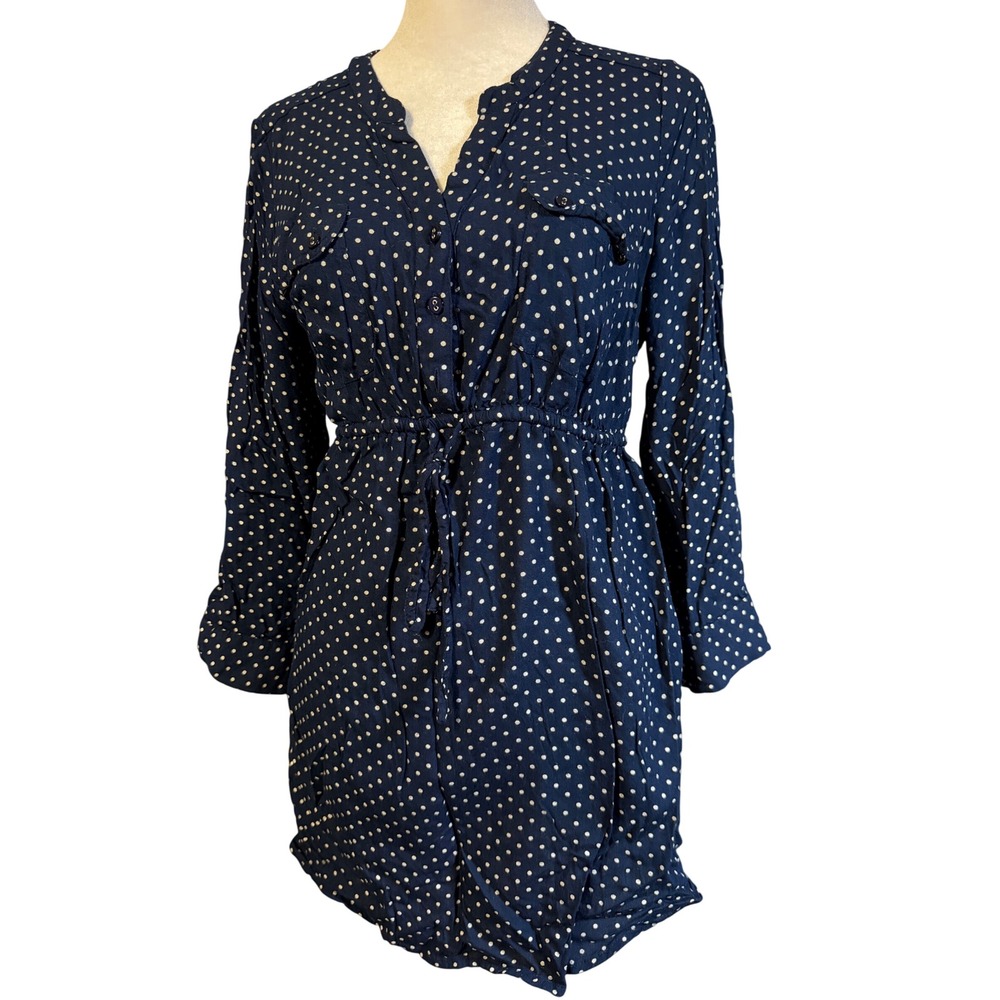 Motherhood Maternity Navy Blue Polka Dot Button Up Shirt Medium